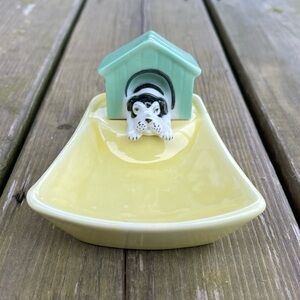 Dog in Green Doghouse Yellow Ceramic Trinket Dish